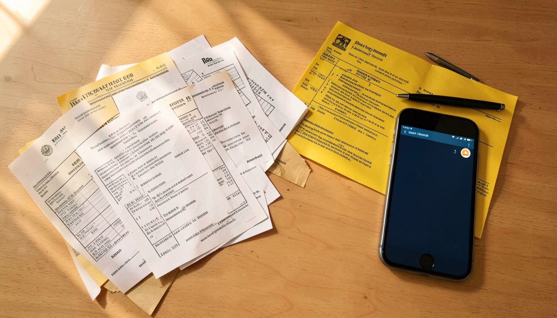 Overhead flat-lay photograph of a wooden desk with scattered government job application forms, a pen, an Indian railway timetable booklet, and a smartphone displaying a notification badge, warm natural light from a window casting soft shadows across the scene